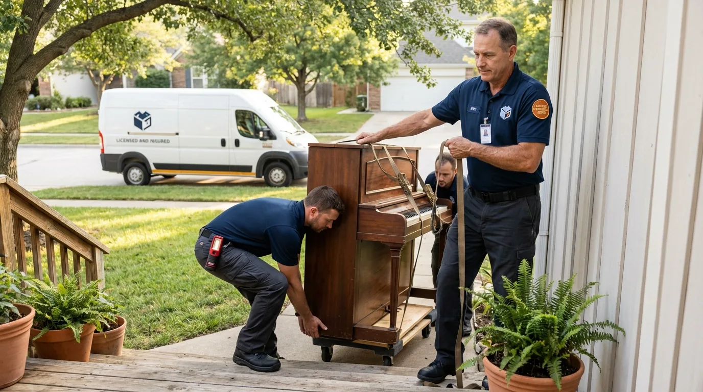 Licensed piano movers securing grand piano in Niles, MI