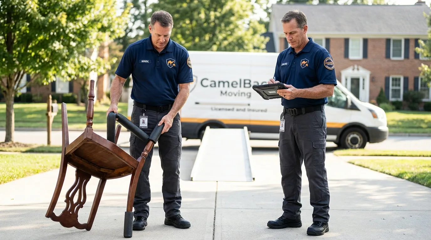 Movers inspecting furniture for damage prevention before loading in Niles, MI